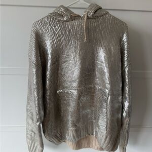 Metallic Silver Knit Hoodie Sweater - Women